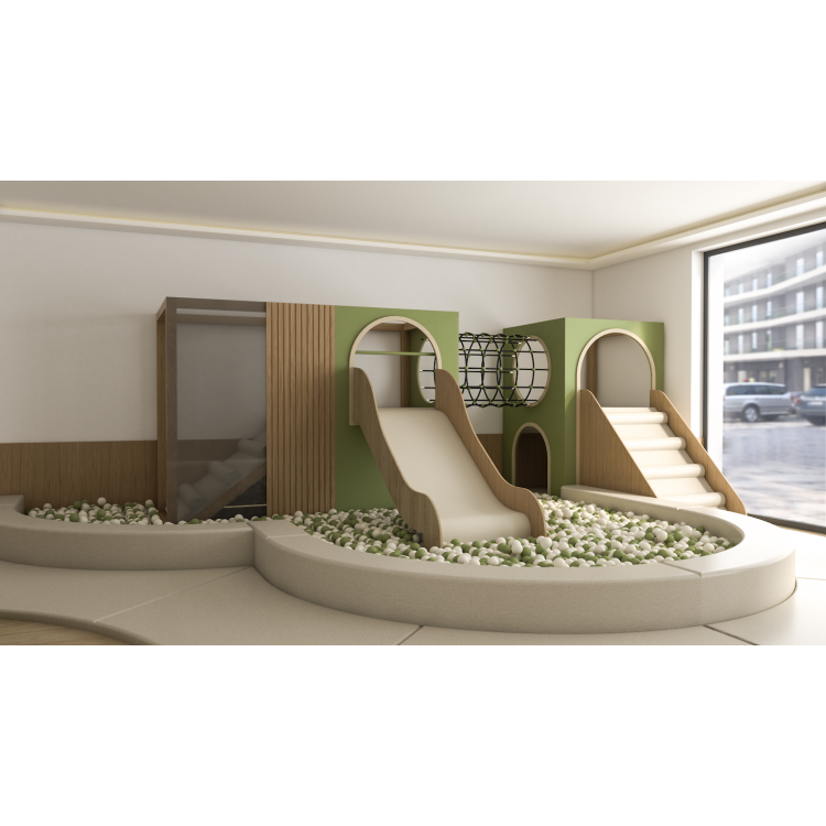 Espacio infantil indoor con diseño natural